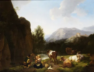 Resting Family Next to Cows by a River