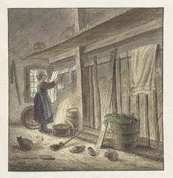 Corner of a Stable with a Girl Hanging a Cloth