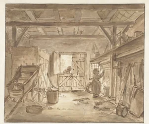 Stable Interior with a Girl Hanging a Cloth