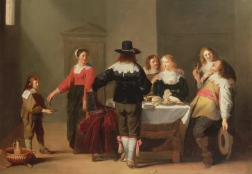 A Guardroom Interior with Soldiers Eating and Drinking in Female Company