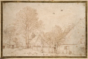 Thatched buildings, almost bare trees and a flock of geese