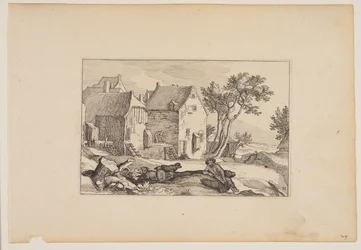 A Farmyard, Resting Shepherd in Centre Foreground, from Landscapes