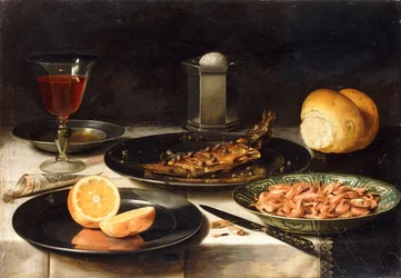 A Herring with Capers and a Sliced Orange on Plates and a Bowl of Shrimp on a Table