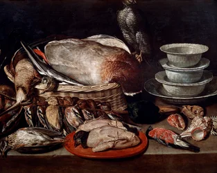 Still life showing birds, shells and pottery