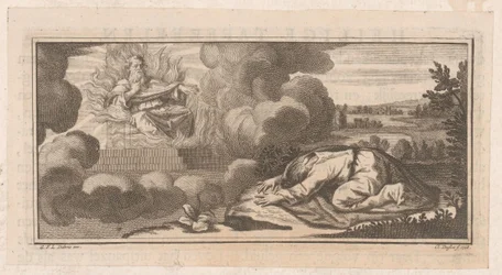 Allegorical or Biblical Scene with Kneeling Figure Before Man on Throne with Flames