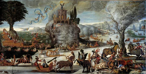 The four elements: Water. Scene of winter landscape, King Louis XIII is represented as Neptune, Anne of Austria as Amphitrite, Prince and future King Louis XIV on a boat