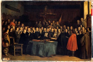 The Peace of Westphalia: the swearing-in after the ratification of peace between the Spaniards and the Dutch at Münster City Hall on 15/05/1648. It ended the Thirty Years