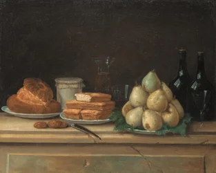 Pears and Bread on Plates, with Bottles of Wine and Glasses on a Stone Ledge