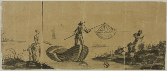 Chinoiserie with Man Fishing from Boat, Woman and Child Standing on Shore