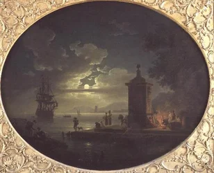 Night: A Moonlit Coastal Landscape with Fisherfolk by a Fire on a Quay, a Man of War Beyond