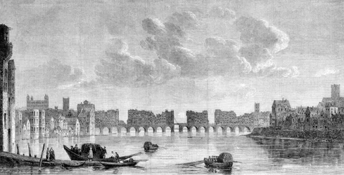 The old London bridge destroyed by the great fire of 1666. Engraving from a painting by Claude de Jongh in the Museum of South Kensington