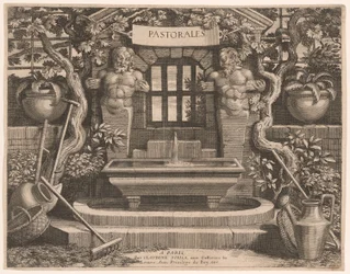 Title Plate with Rustic Fountains and Dedication, from Pastorales