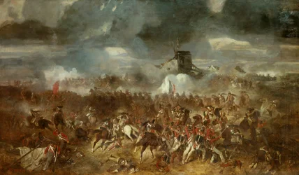 Napoleonic War: “View of the Battle of Waterloo on 18/06/1815”. Painting by Clément Auguste Andrieux (1829-1880), 1852, 1.1 x 1.93 m.