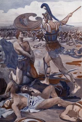 The Death of Patroclus: Hector Kills Patroclus. Illustration by Clement Gontier (1876-1918) for Homer
