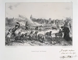 Franco-Prussian War 1870-1871: Driving away a flock of sheep to deny them falling into the hands of the Prussians. From a series of lithographs by Clement August Andrieux on the Gardes Nationales.