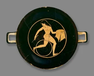 Attic Red-Figure Cup Decorated with a Boy Carrying a Plate of Food and Rolling a Hoop