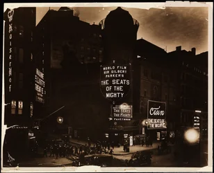 The Casino Theatre at night, crowds and cars, and construction workers digging in street, Broadway and 39th St., New York, c.1915