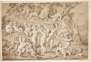 A Large Group of Putti Playing Contentedly by a Stream