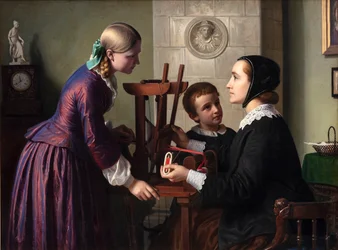 A housewife at her ribbon loom talking to two children