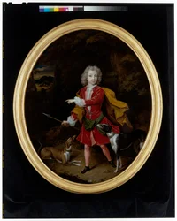 A portrait of a young man attended by a pair of hunting dogs in a wooded landscape