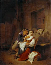 Old Man Teasing a Young Woman in an Interior