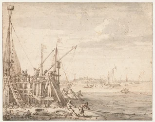Harbor Head with Fishermen Hauling in Their Nets