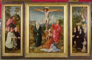 Triptych of The Crucifixion: St. Barbara with Donors (right wing); St. James the Greater with Donors (left wing); The Crucifixion (centre)