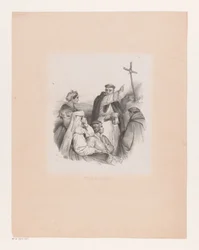 Company and Monks by a Cross