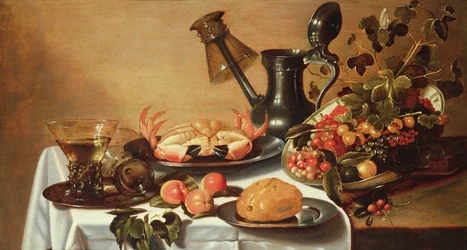 Still Life of Fruit with Crab, Overturned Roehmer on Spout of Jug
