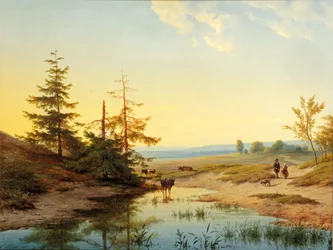 A moorland with figures and cattle by a pond