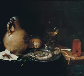 An Earthenware Tankard, Tobacco in a Piece of Paper, a Bun, a White Clay Pipe, a Roemer, Sliced Herring on a Pewter Plate and a Kometenglas on a Partly-Draped Wooden Table