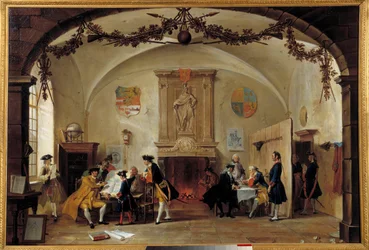 Allegory of war against France. Dutch soldiers study strategies during the War of the Spanish Succession (1701-1714) between France and Spain and a coalition formed by England, the Netherlands and Prussia. Painting by Cornelis Troost (1697-1750) 1747