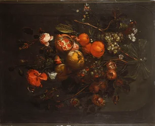 A Bouquet of Fruit and Flowers Hanging from a Nail in a Niche