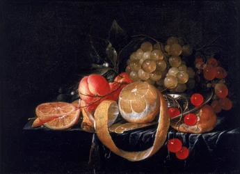 A Still Life with a Lemon, Grapes, Cherries and Apricots on a Pewter Plate