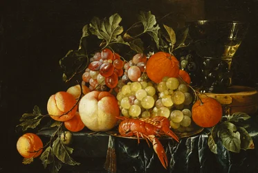 Peaches, Oranges, Grapes and Langoustines on a Pewter Plate and a Conical Roemer on a Box on a Partially Draped Ledge