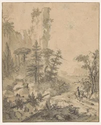Mountain Road with Man and Two Mules