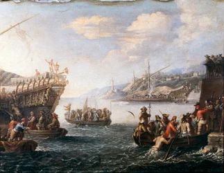 Soldiers embarking to fight the Turks in the harbour of Genoa