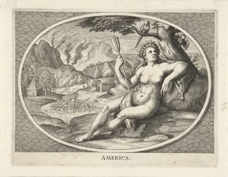 Female Personification of the Continent America as a Woman with Feather Headdress and Arrow in Landscape