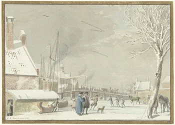 Frozen City Canal with Skaters