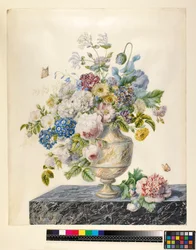 A Marble Vase of Mixed Flowers on a Marble Shelf
