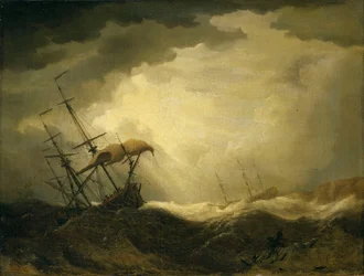 Ships driving onto a rocky shore in a heavy sea, late 17th century