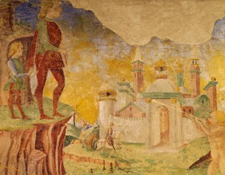Triumph of Ceres, scene from Month of August, attributed to Cosimo Tura and Master of Ercole, fresco, north wall, Hall of Months, Palazzo Schifanoia, Ferrara, Detail, Italy