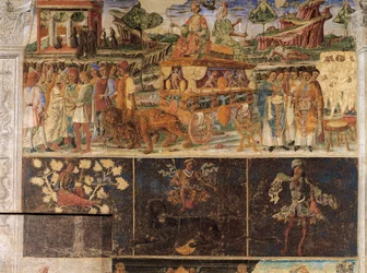 Triumph of Jupiter and Cybele and Sign of Lion, scenes from Month of July, fresco, north wall, Hall of Months, Palazzo Schifanoia (Palace of Joy), Ferrara, Italy, circa 1470