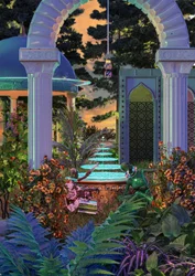 Exotic Garden Fountain Sunset