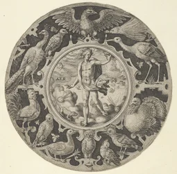 Aer in a Decorative Border with Birds, from a Series of Circular Designs with the F, 1590-1612