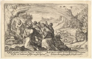 God enters into a covenant with Noah: next to a smoking pyre Noah kneels in a gesture of p...