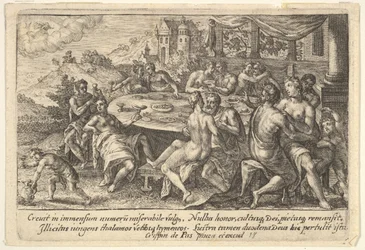 Mankind Surrendering to Lechery Before the Flood: Embracing Couples on Benches Around a Table