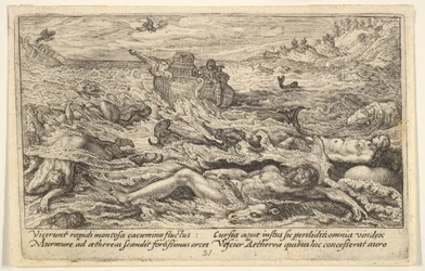 The Flood destroys life on earth: corpses of humans and animals adrift in the foreground, 1612