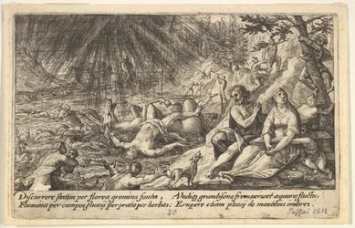 The Beginning of the Flood: Men and Women Climb to Higher Ground at Right, Water Overtaking