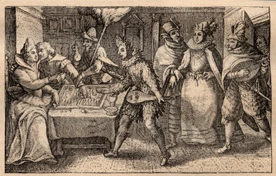 A backgammon party with strolling players - Dutch copper-plate engraving; from a set of prints, Hortus Voluptatem, by Crispin de Passe